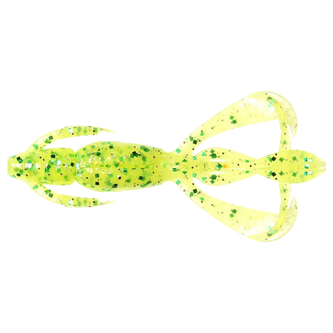 Keitech Crazy Flapper Jigi 2.8" Chart Lime Shad yläpuolelta, pää vasemmalla