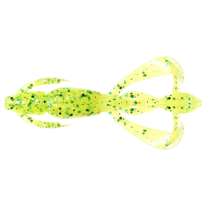 Keitech Crazy Flapper Jigi 2.8" Chart Lime Shad yläpuolelta, pää vasemmalla