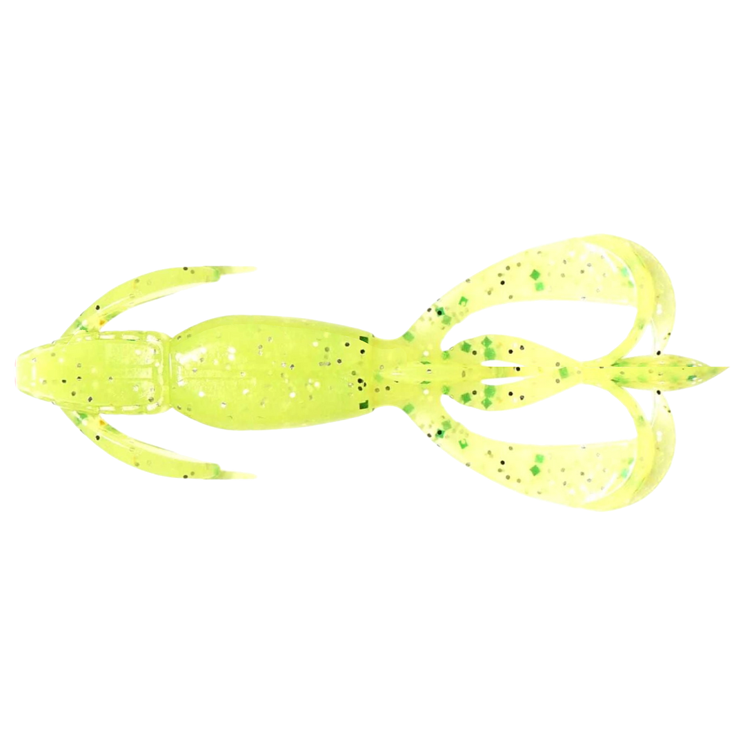 Keitech Crazy Flapper Jigi 2.8" Chart Lime Shad alapuolelta, pää vasemmalla