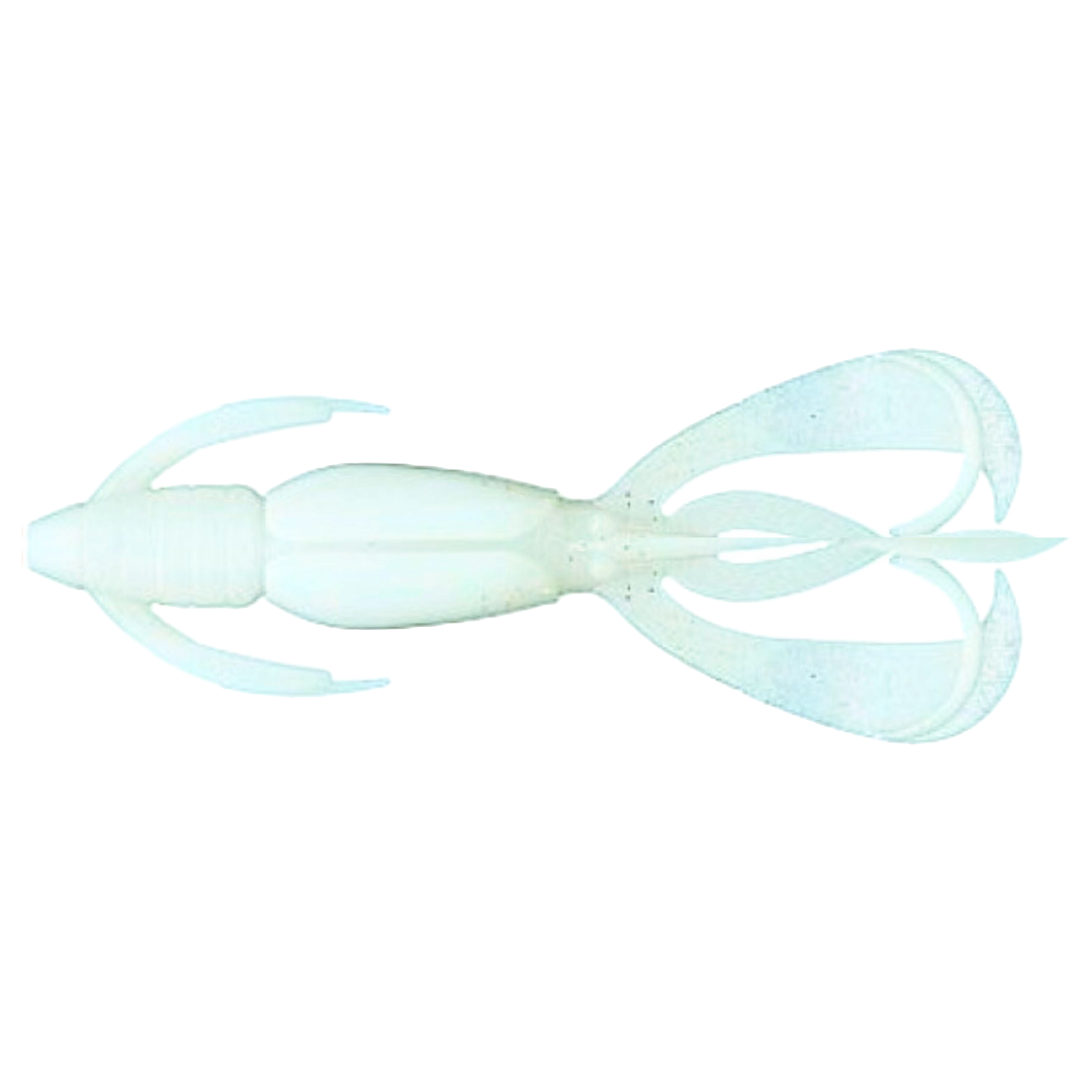 Keitech Crazy Flapper Jigi 2.8" Pearl Glow alapuolelta, pää vasemmalla