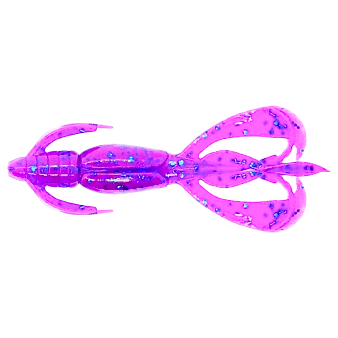 Keitech Crazy Flapper Jigi 2.8" Purple Blue Heaven yläpuolelta, pää vasemmalla