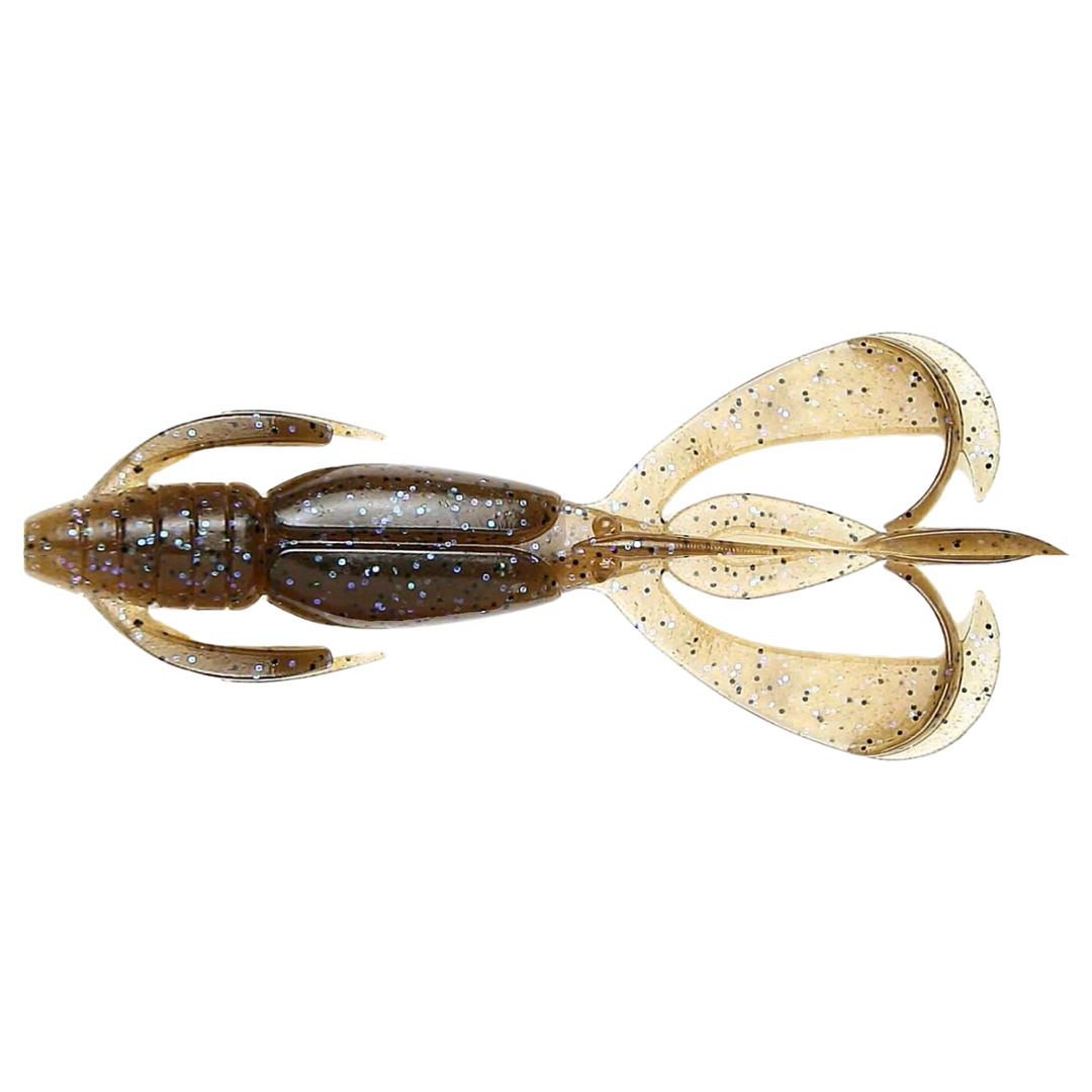 Keitech Crazy Flapper Jigi 3.6" Electric Brown Craw yläpuolelta, pää vasemmalla