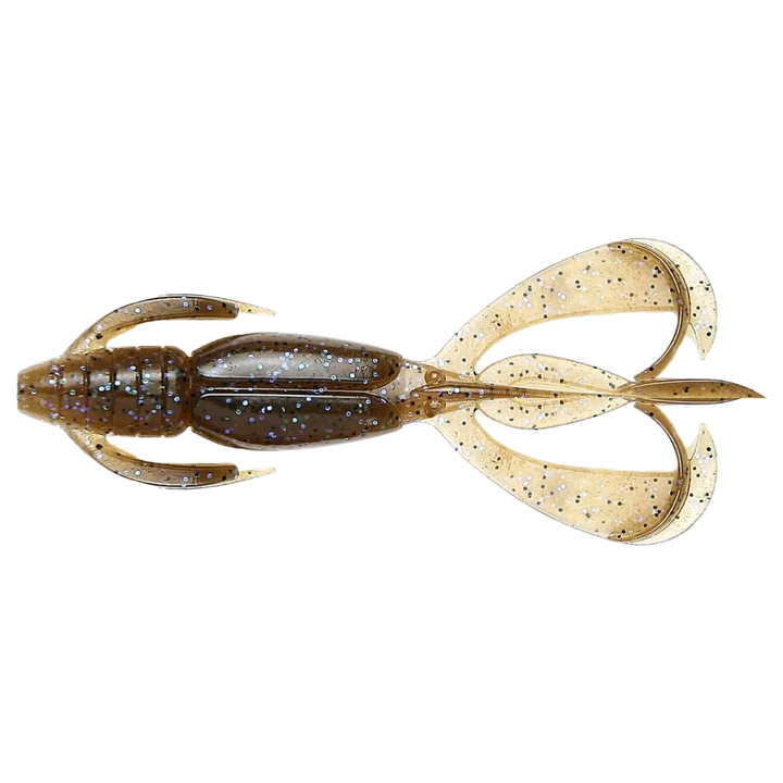 Keitech Crazy Flapper Jigi 3.6" Electric Brown Craw yläpuolelta, pää vasemmalla