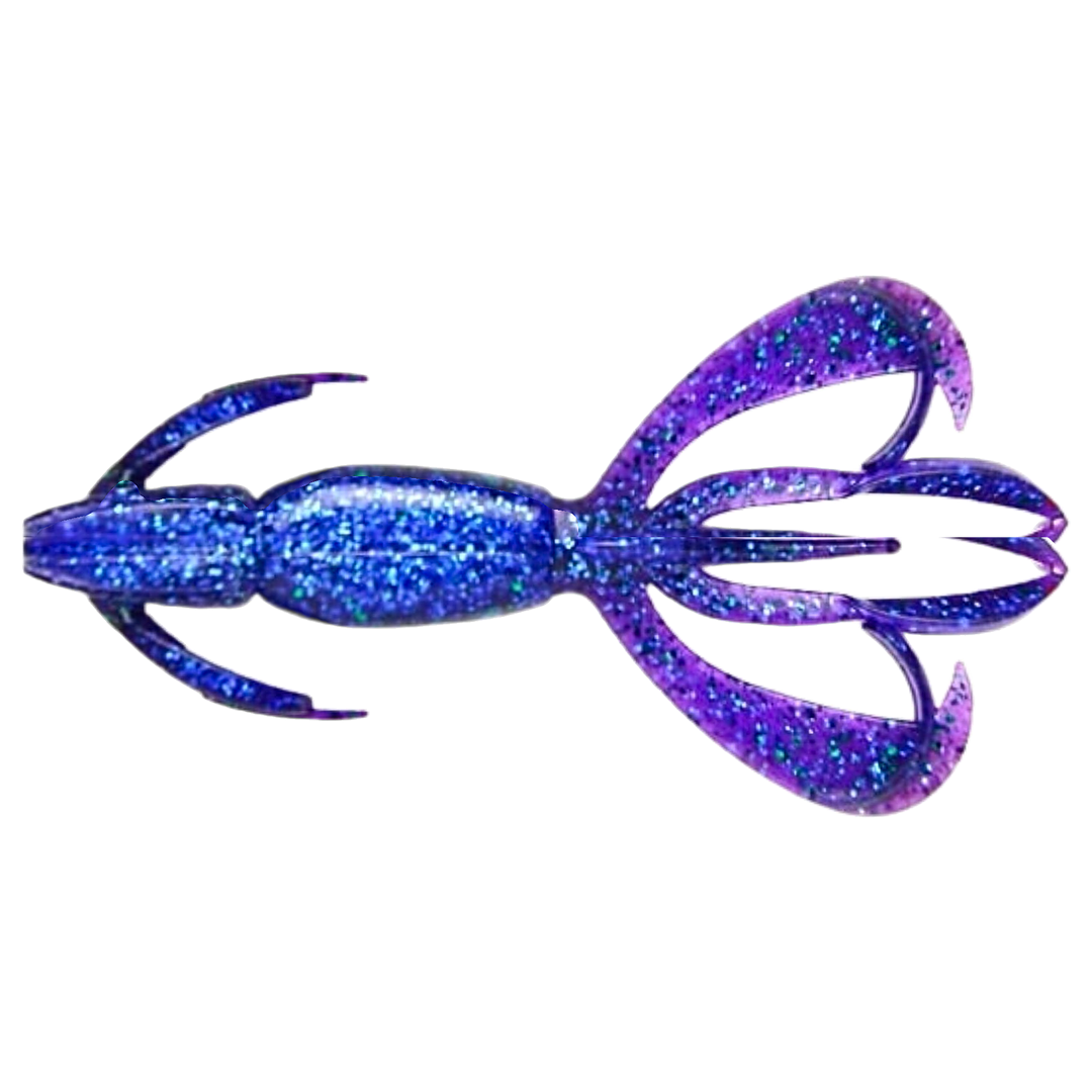 Keitech Crazy Flapper Jigi 3.6" Electric Junebug alapuolelta, pää vasemmalla