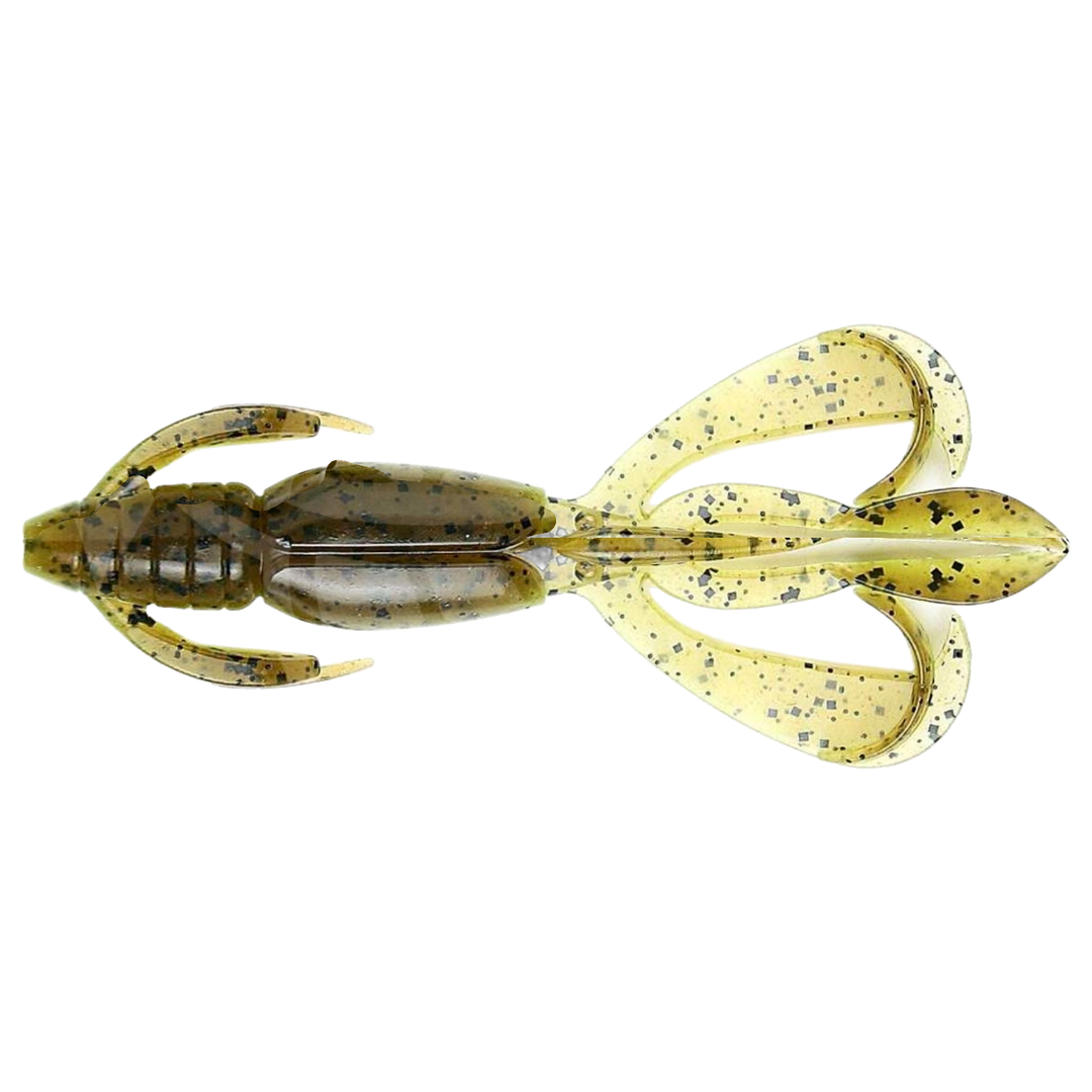 Keitech Crazy Flapper Jigi 3.6" Green Pumpkin / Chartreuse yläpuolelta, pää vasemmalla