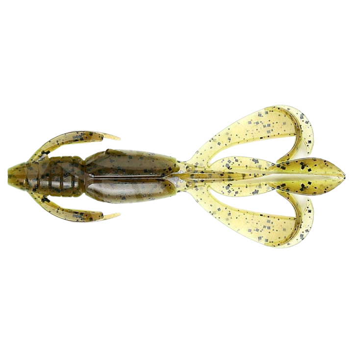 Keitech Crazy Flapper Jigi 3.6" Green Pumpkin / Chartreuse yläpuolelta, pää vasemmalla