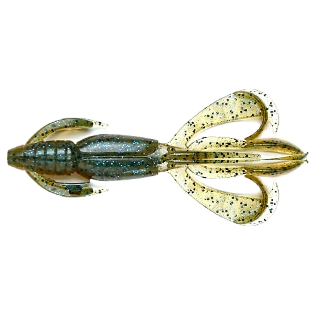 Keitech Crazy Flapper Jigi 3.6" Green Weenie Blue yläpuolelta, pää vasemmalla