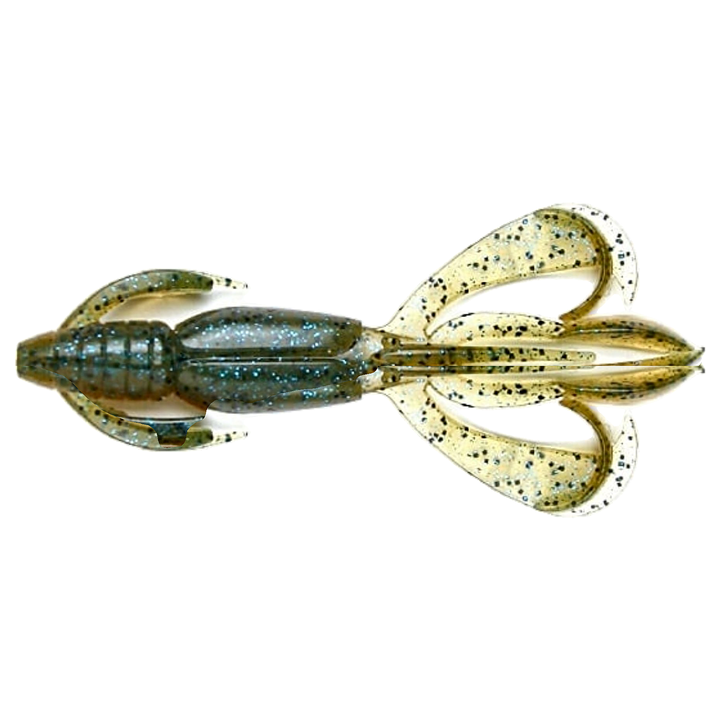 Keitech Crazy Flapper Jigi 3.6" Green Weenie Blue yläpuolelta, pää vasemmalla
