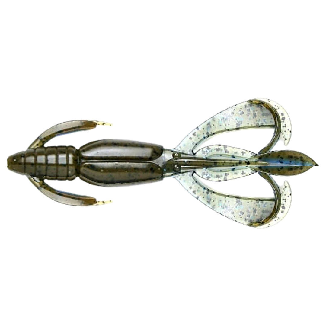 Keitech Crazy Flapper Jigi 3.6" Okeechobee Craw yläpuolelta, pää vasemmalla