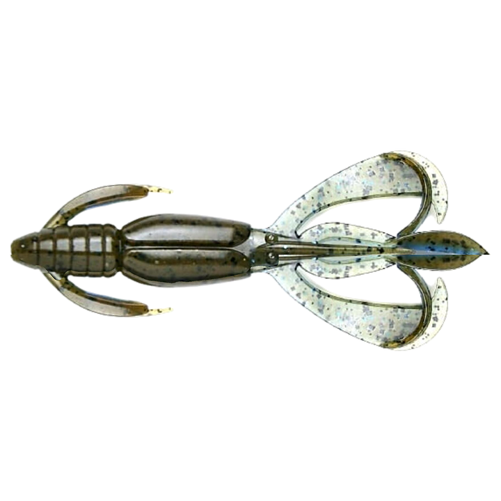 Keitech Crazy Flapper Jigi 3.6" Okeechobee Craw yläpuolelta, pää vasemmalla