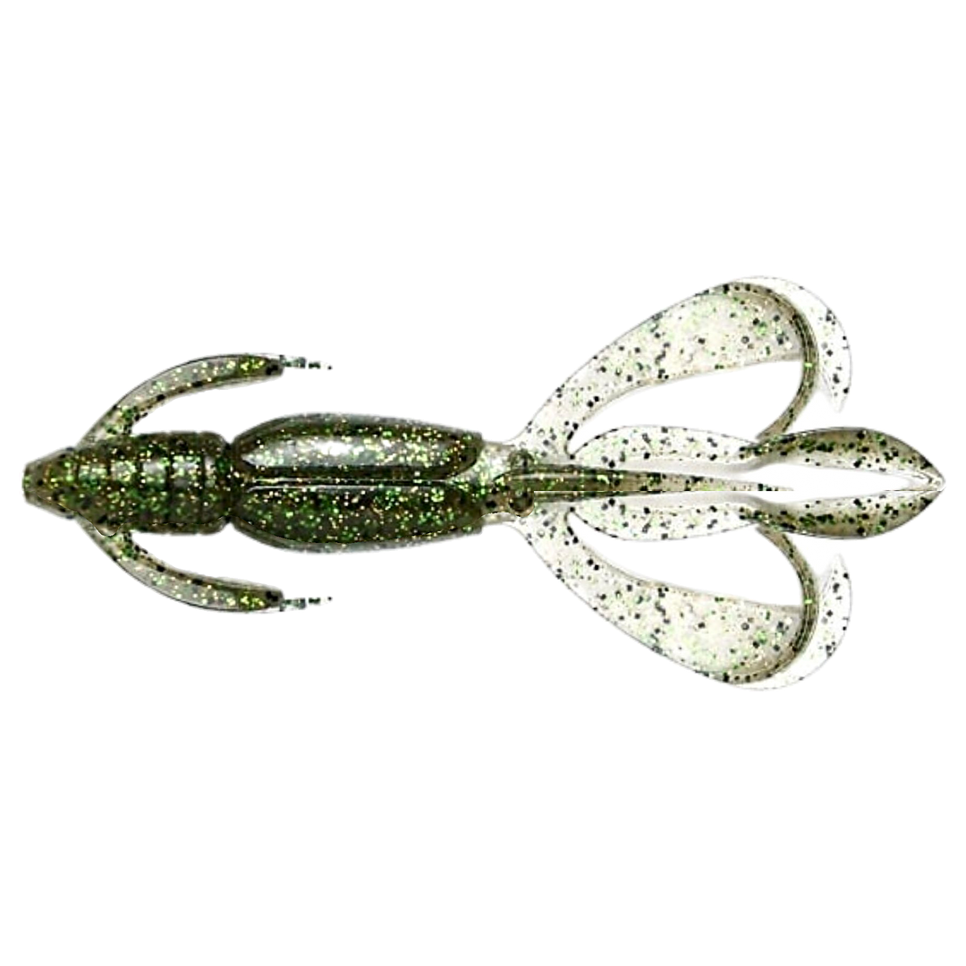 Keitech Crazy Flapper Jigi 3.6" Silver Flash Craw yläpuolelta, pää vasemmalla