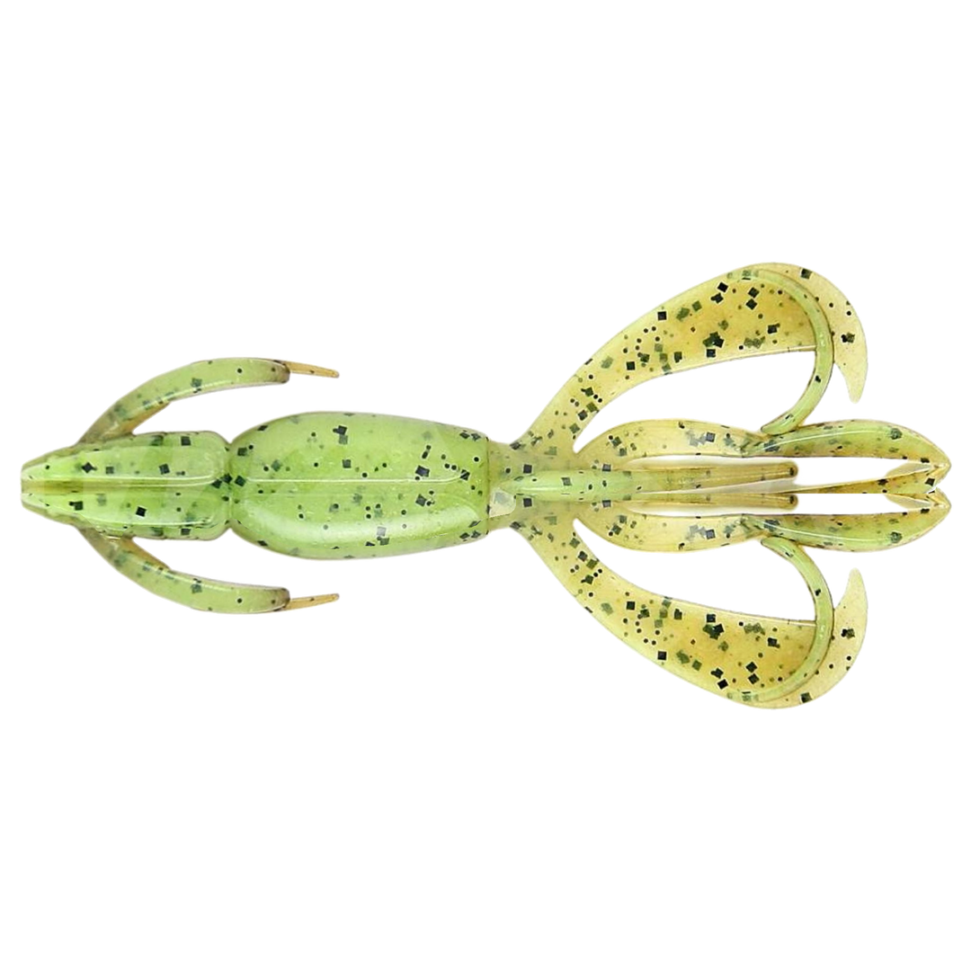 Keitech Crazy Flapper Jigi 4.4" Green Pumpkin Chartreuse alapuolelta, pää vasemmalla