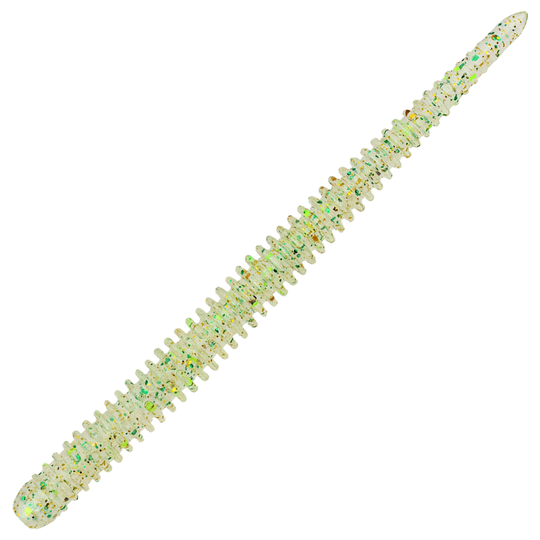 Keitech Easy Shaker Jigi 2.5", väri Champagne Lime: läpikuultava vaalea runko ja vihreät hileet