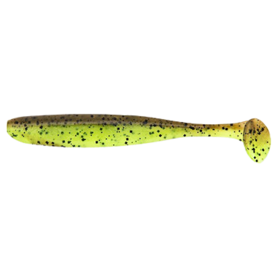 Keitech Easy Shiner Jigi 2" Green Pumpkin / Chartreuse sivulta, pää vasemmalla