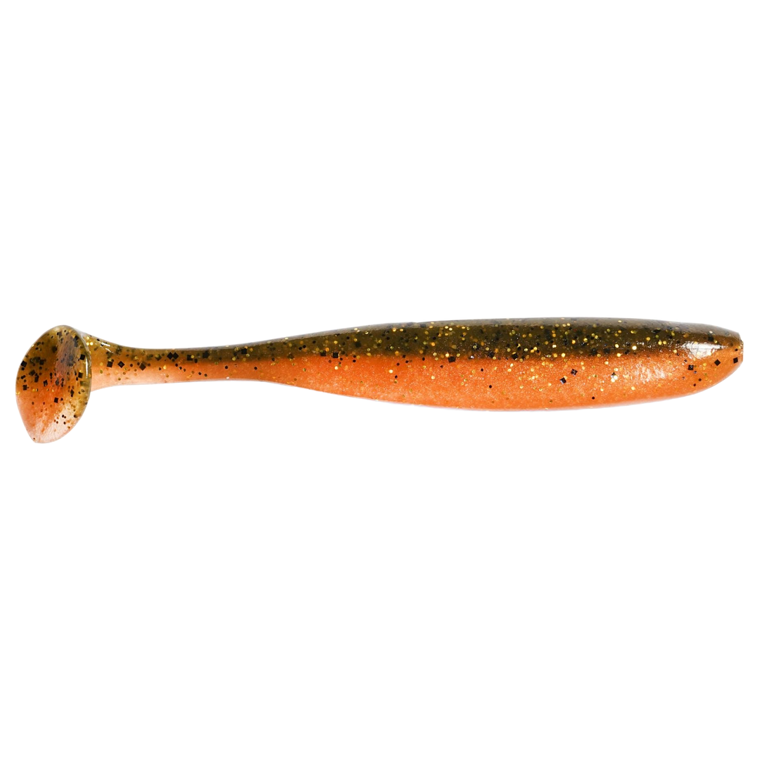 Keitech Easy Shiner Jigi 2" Green Pumpkin Orange Gold sivulta, pää oikealla