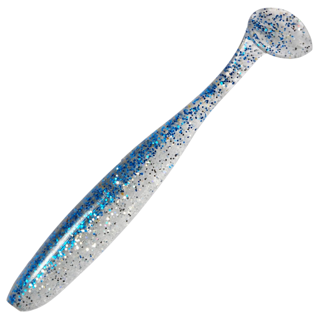 Keitech Easy Shiner Jigi 3", väri Blue Sardine: läpikuultava runko sekä siniset ja mustat hileet