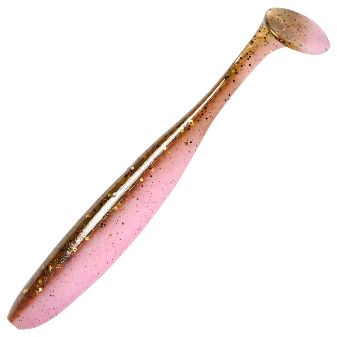 Keitech Easy Shiner Jigi 3", väri Green Pumpkin Pink: oranssinruskea selkä, vaaleanpunainen vatsa ja mustat pilkut