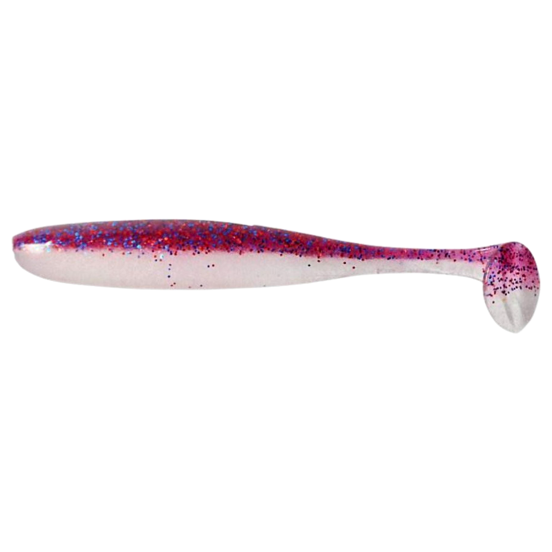 Keitech Easy Shiner Jigi 3.5" Cosmos/Pearl Belly sivulta, pää vasemmalla