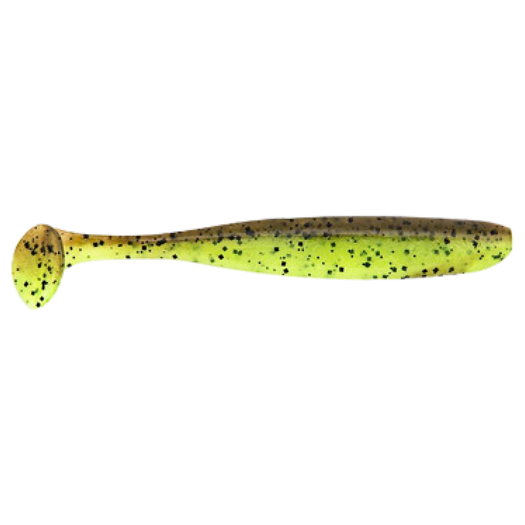 Keitech Easy Shiner Jigi 3.5" Green Pumpkin / Chartreuse sivulta, pää oikealla