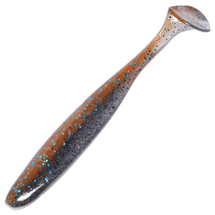 Keitech Easy Shiner Jigi 3.5", väri Smoke Cinnamon: savunharmaa runko ja oranssit hileet