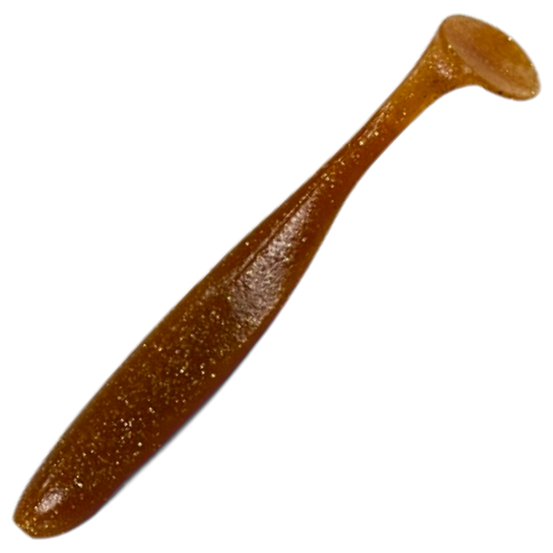 Keitech Easy Shiner Jigi 4.5", väri Amber Gold FLK: meripihkanruskea runko ja kultaiset hileet