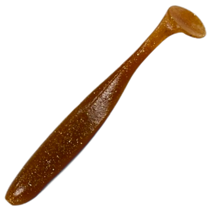 Keitech Easy Shiner Jigi 4.5", väri Amber Gold FLK: meripihkanruskea runko ja kultaiset hileet