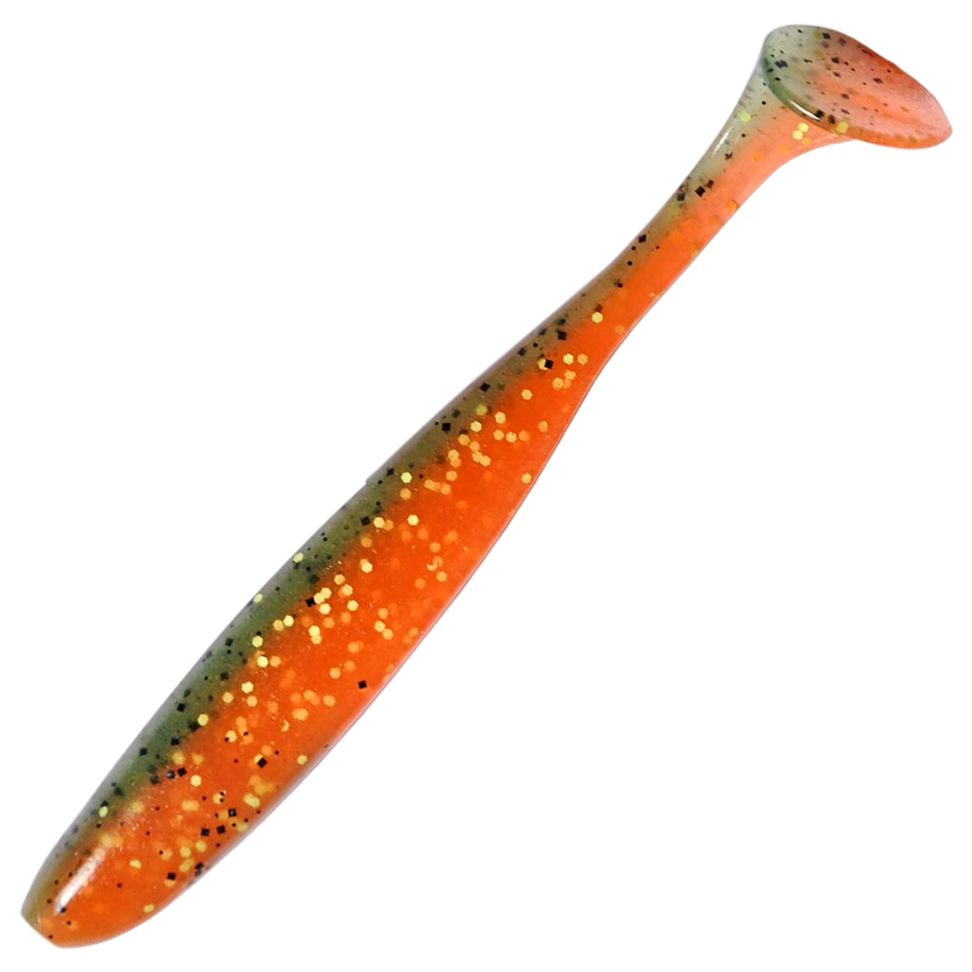 Keitech Easy Shiner Jigi 4.5", väri Angry Carrot: oranssi runko sekä vihreät ja kultaiset hileet
