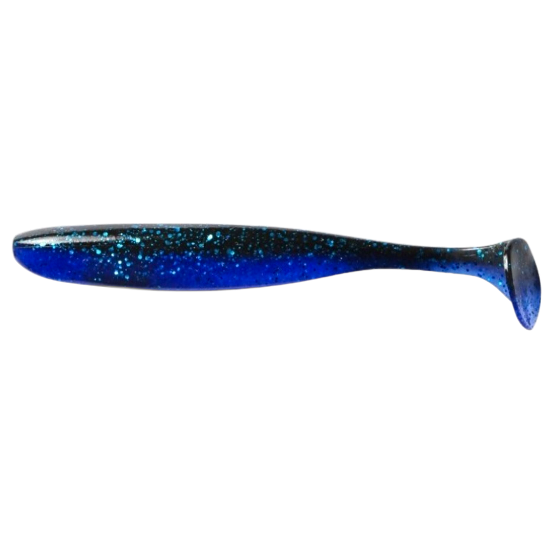 Keitech Easy Shiner Jigi 4.5" Black Blue sivulta, pää vasemmalla