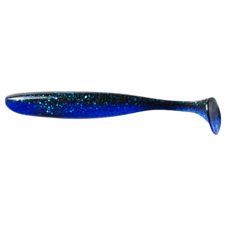 Keitech Easy Shiner Jigi 4.5" Black Blue sivulta, pää vasemmalla