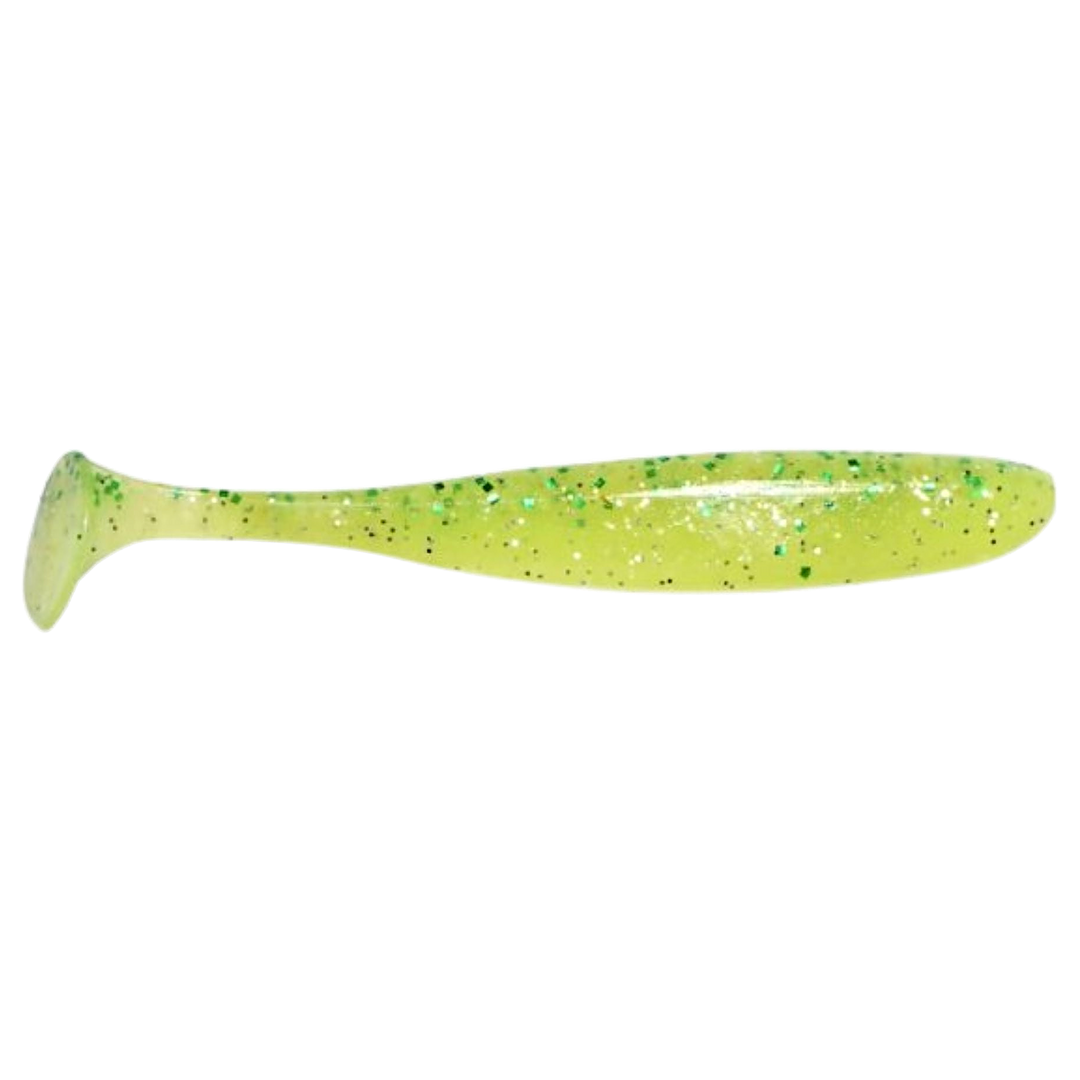 Keitech Easy Shiner Jigi 4.5" Chart Lime Shad sivulta, pää oikealla