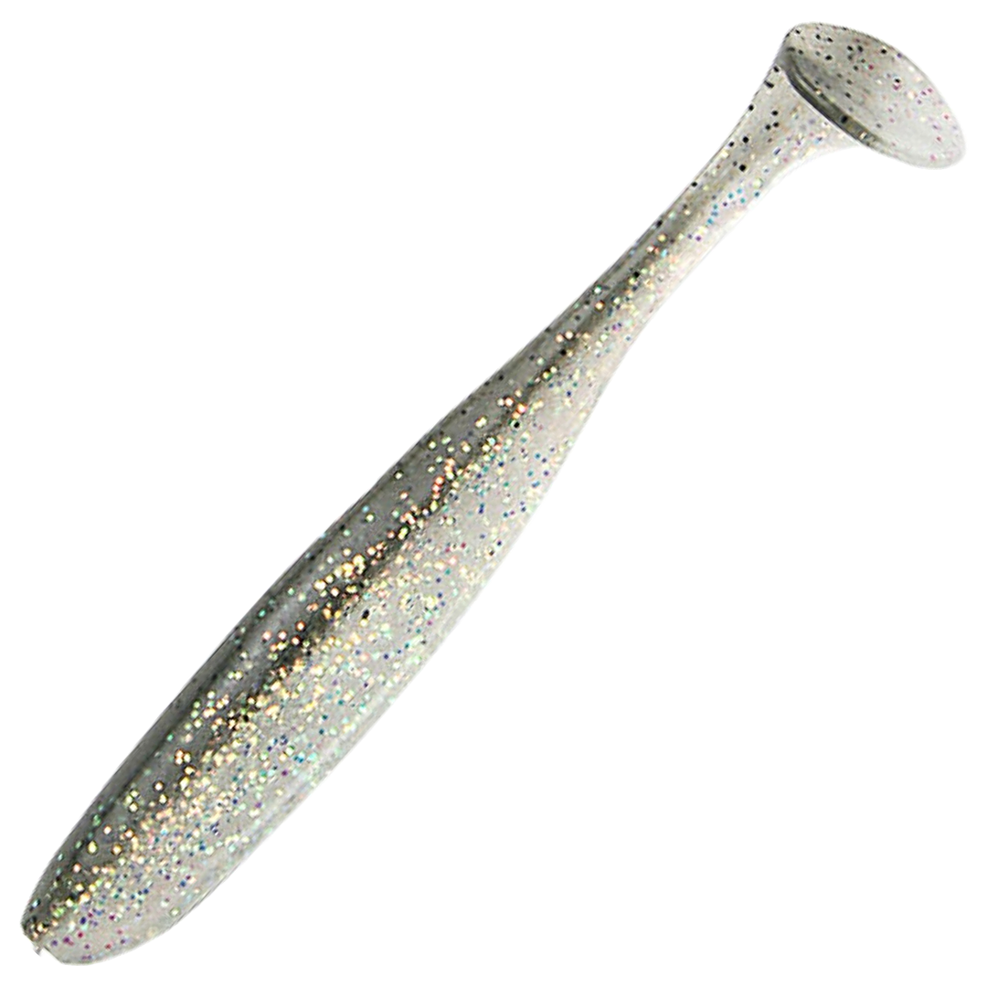 Keitech Easy Shiner Jigi 4.5", väri Crystal Shad: harmaanvihreä selkä ja hopeinen hileinen kylki