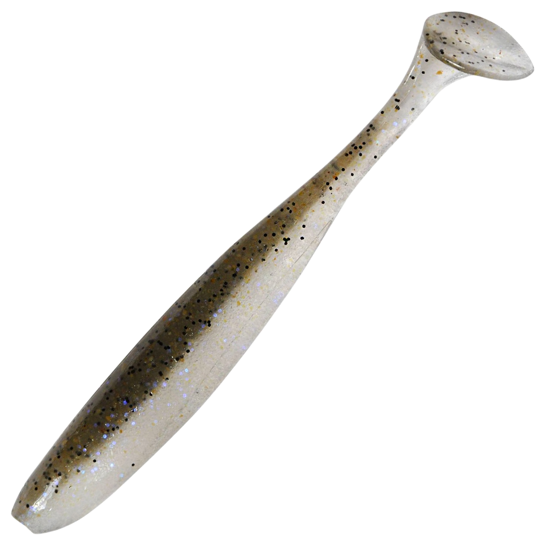 Keitech Easy Shiner Jigi 4.5", väri Electric Shad: harmaanruskea selkä, vaalea kylki ja violetit hileet