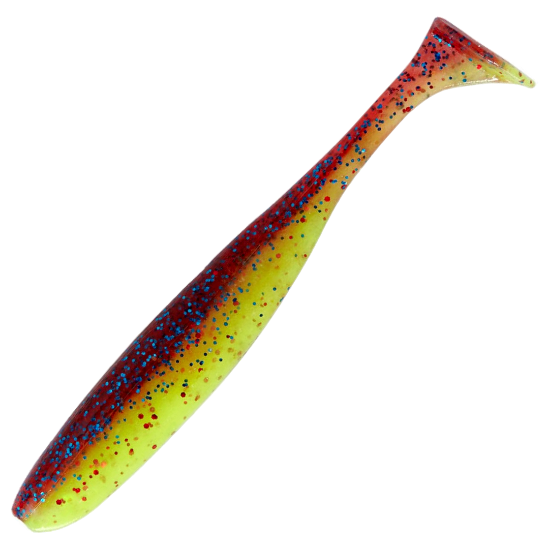 Keitech Easy Shiner Jigi 4.5", väri Grape Chart Red FLK.: violetti selkä, kellanvihreä vatsa ja punaiset hileet