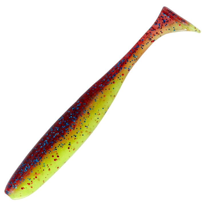 Keitech Easy Shiner Jigi 4.5", väri Grape Chart Red FLK.: violetti selkä, kellanvihreä vatsa ja punaiset hileet