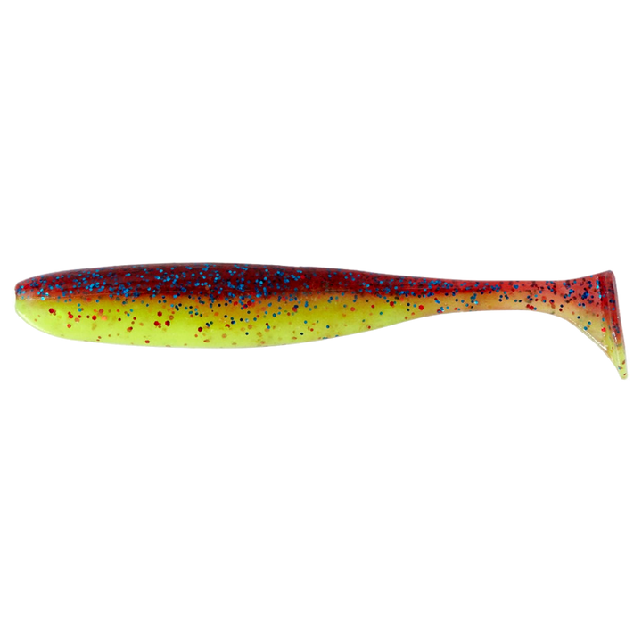 Keitech Easy Shiner Jigi 4.5" Grape Chart Red FLK. sivulta, pää vasemmalla