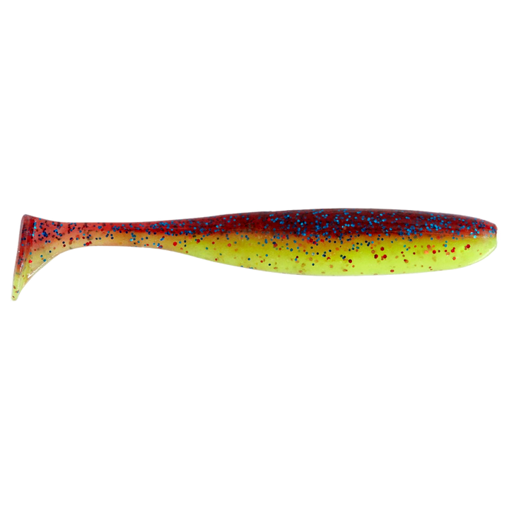 Keitech Easy Shiner Jigi 4.5" Grape Chart Red FLK. sivulta, pää oikealla