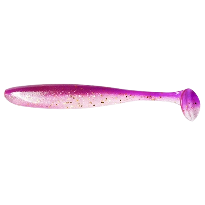 Keitech Easy Shiner Jigi 4.5" Grape Stardust sivulta, pää vasemmalla