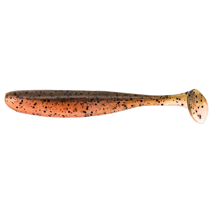 Keitech Easy Shiner Jigi 4.5" Green Pumpkin/Fire sivulta, pää vasemmalla