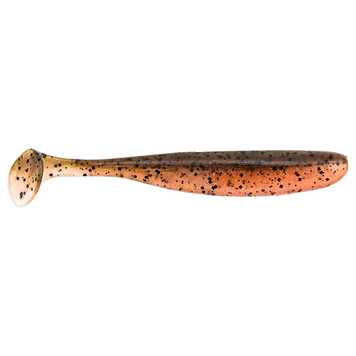 Keitech Easy Shiner Jigi 4.5" Green Pumpkin/Fire sivulta, pää oikealla