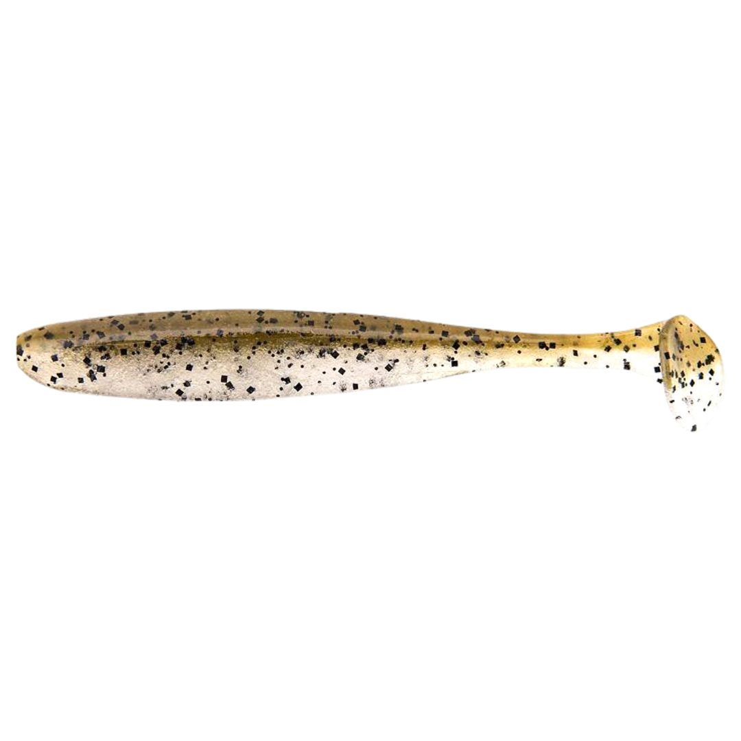 Keitech Easy Shiner Jigi 4.5" Green Pumpkin PP Shad sivulta, pää vasemmalla