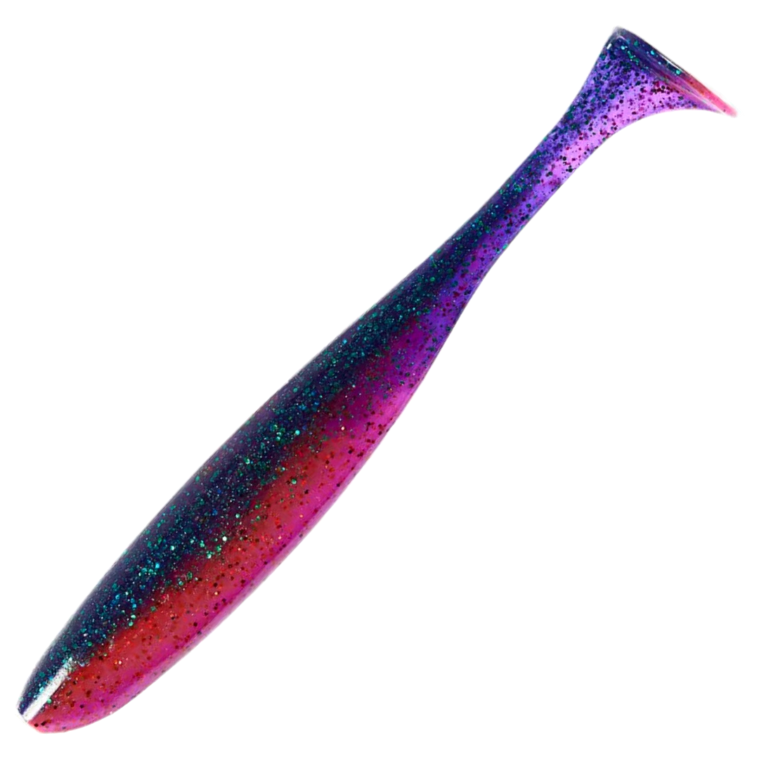 Keitech Easy Shiner Jigi 4.5", väri Mystic June Bug: tummansininen selkä, violetinpunainen kylki ja vihreät hileet