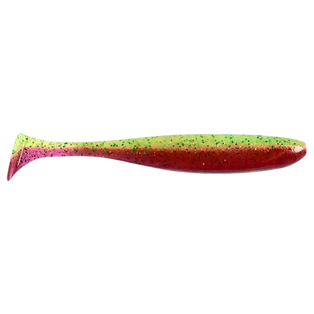 Keitech Easy Shiner Jigi 4.5" Mystic Lime Chart sivulta, pää oikealla