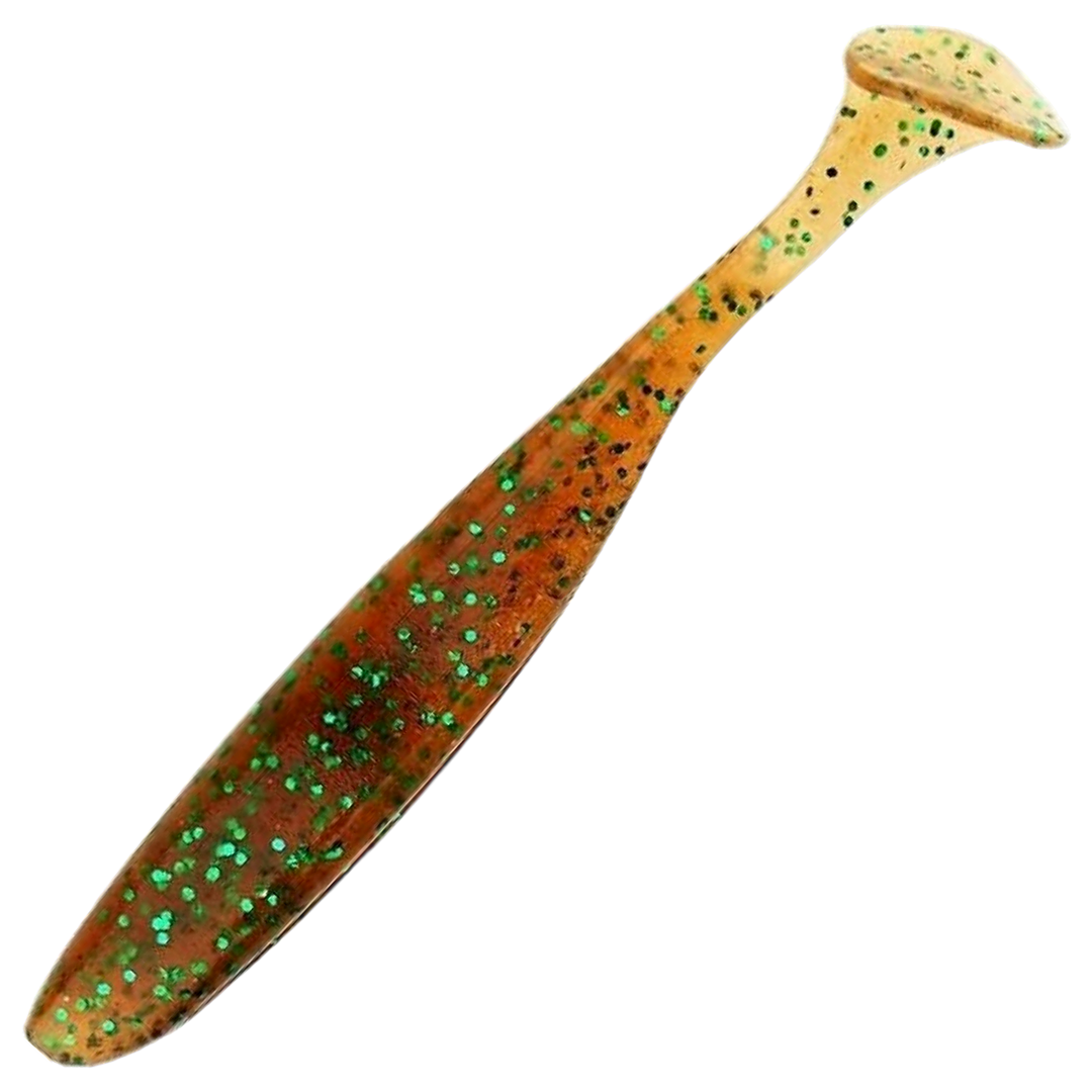Keitech Easy Shiner Jigi 4.5", väri Pumpkin Green FLK: kellanruskea runko ja vihreät hileet