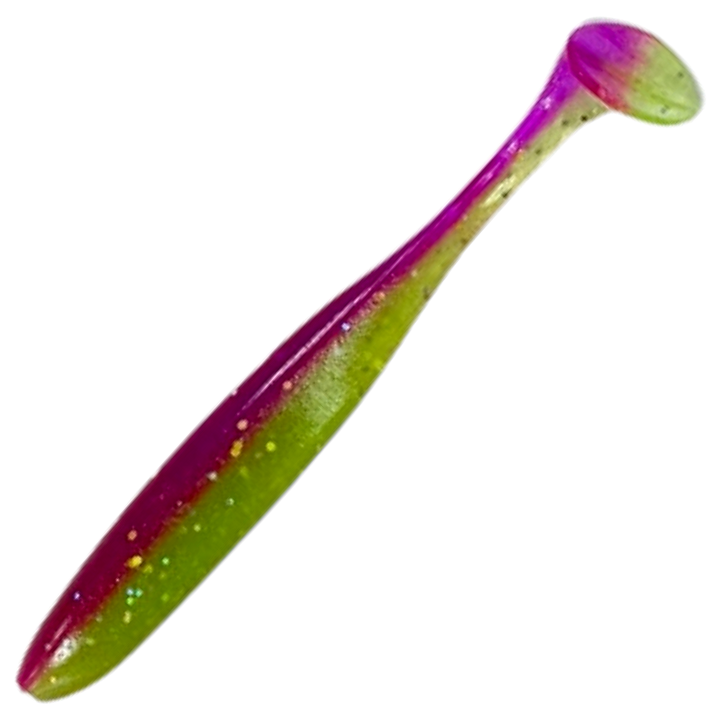 Keitech Easy Shiner Jigi 4.5", väri Purple X Chart UV: magenta runko ja kellertävä vatsa