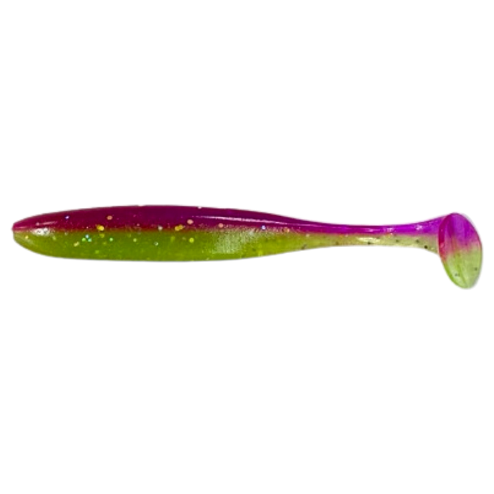 Keitech Easy Shiner Jigi 4.5" Purple X Chart UV sivulta, pää vasemmalla