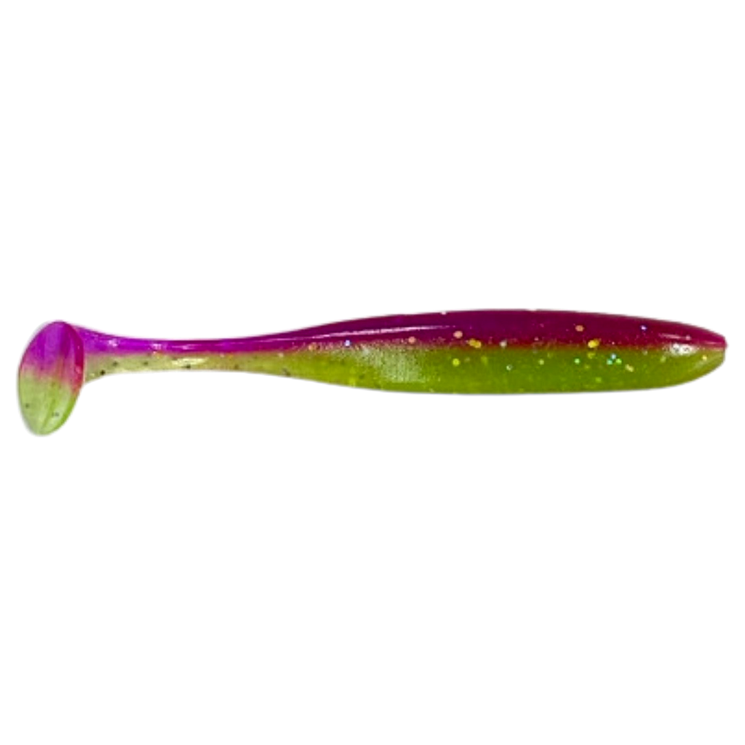 Keitech Easy Shiner Jigi 4.5" Purple X Chart UV sivulta, pää oikealla