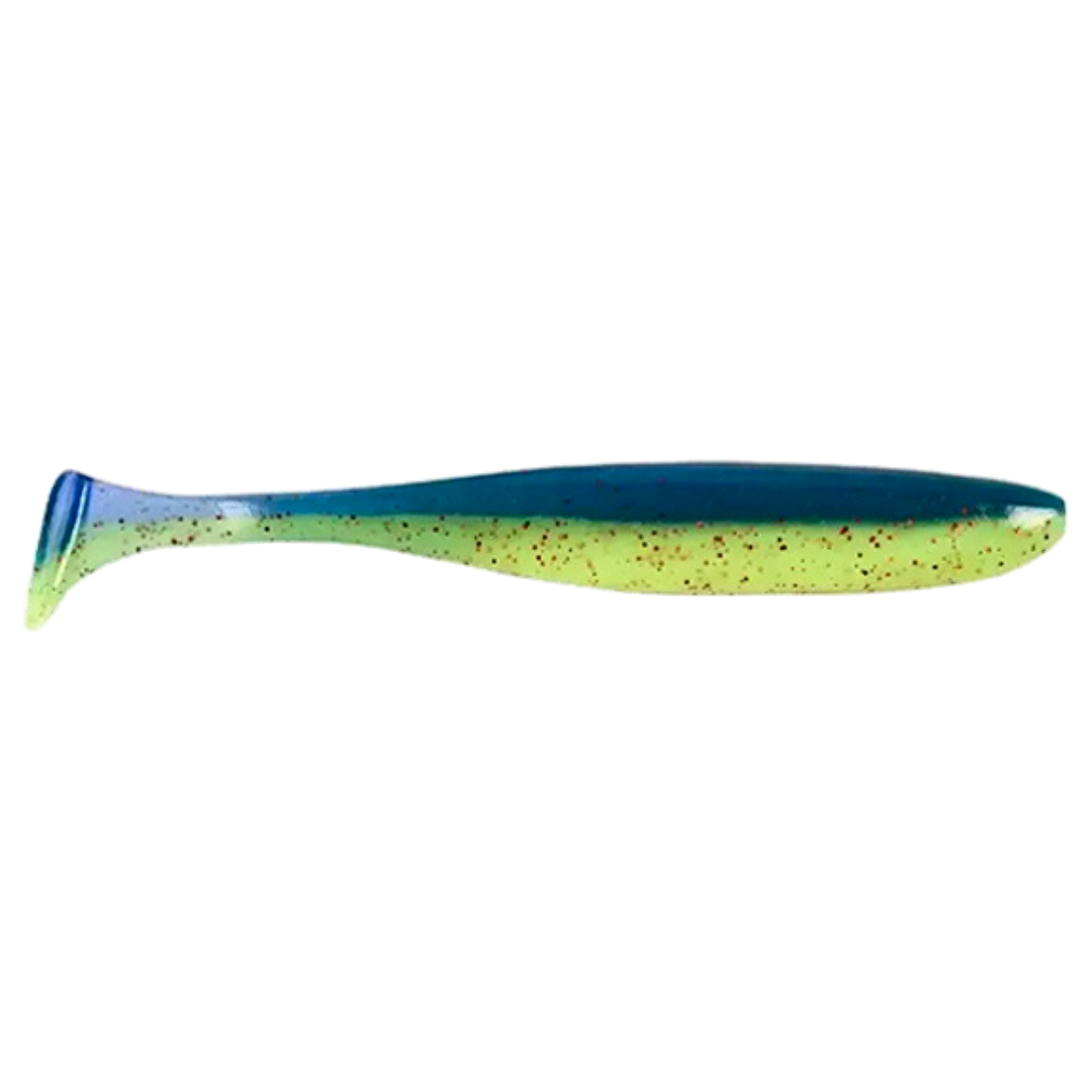 Keitech Easy Shiner Jigi 4.5" Violet Chart Red FLK. sivulta, pää oikealla