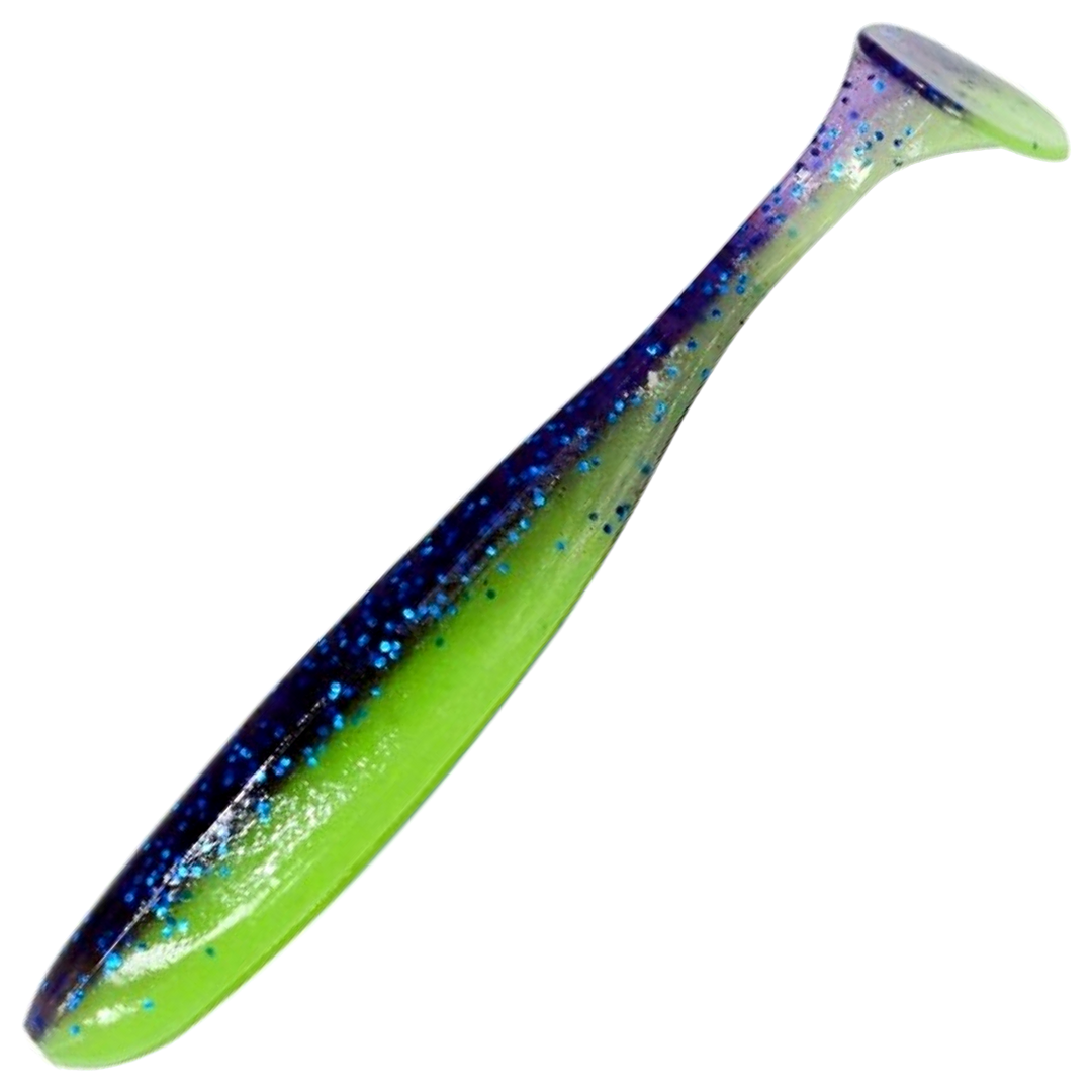 Keitech Easy Shiner Jigi 4.5", väri Violet Lime Belly: violetti selkä ja limenvihreä vatsa