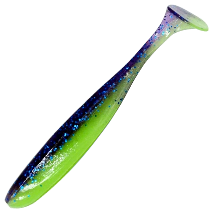 Keitech Easy Shiner Jigi 4.5", väri Violet Lime Belly: violetti selkä ja limenvihreä vatsa