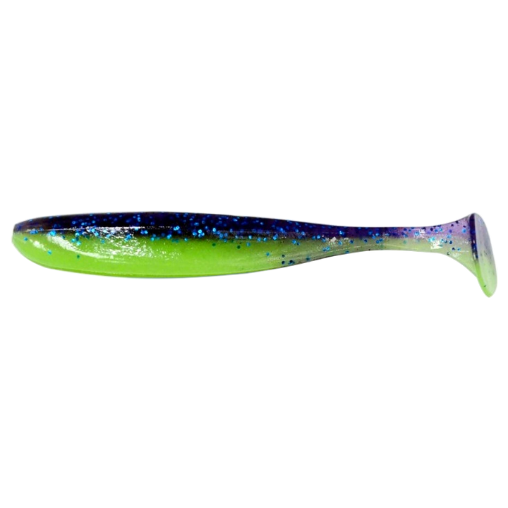 Keitech Easy Shiner Jigi 4.5" Violet Lime Belly sivulta, pää vasemmalla
